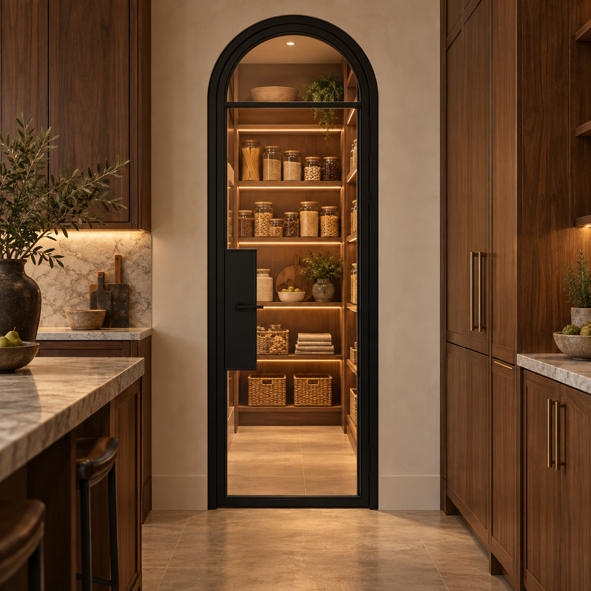 2 Lite Steel Pantry Round Top French Door leading into an illuminated walnut pantry — product visualization