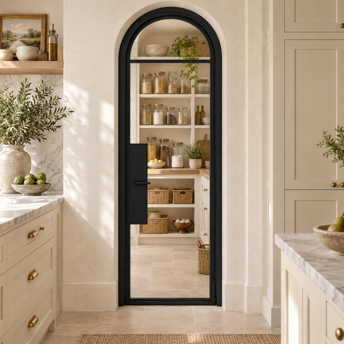 2 Lite Steel Pantry Round Top French Door leading into a cream pantry from a limestone kitchen — product visualization