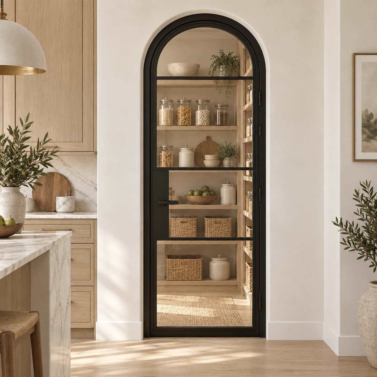 4 Lite Steel Pantry Round Top French Door leading into an oak pantry from an ivory kitchen — product visualization