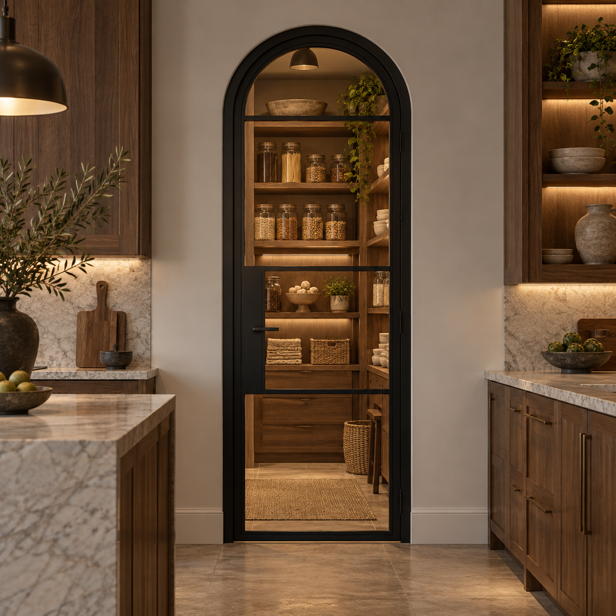 4 Lite Steel Pantry Round Top French Door leading into an illuminated walnut pantry — product visualization