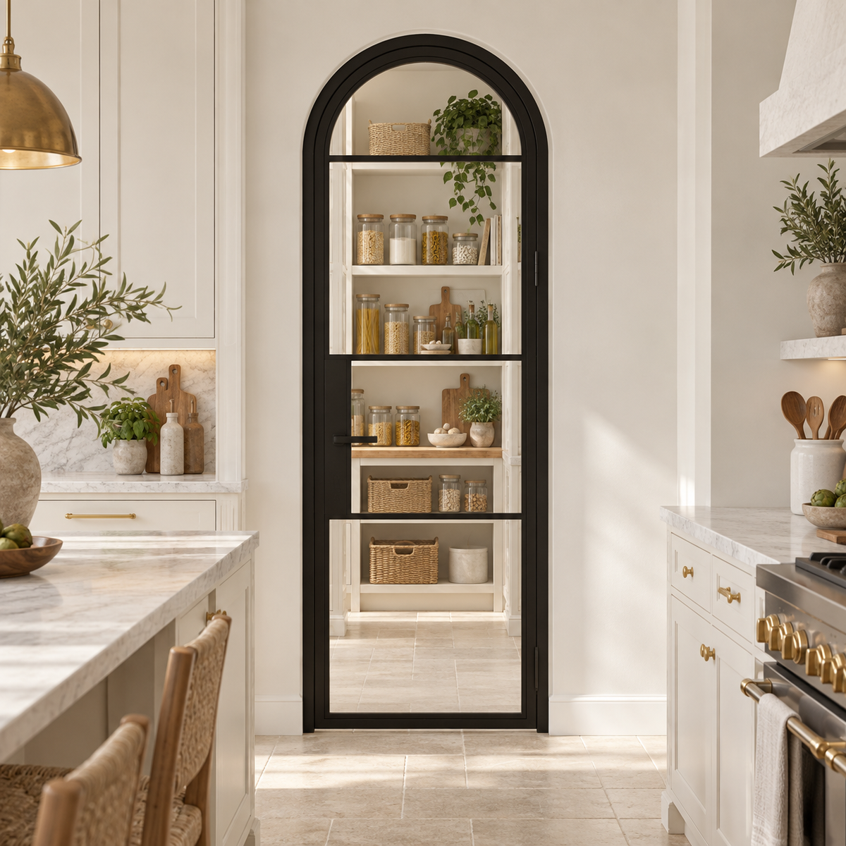 4 Lite Steel Pantry Round Top French Door leading into a cream pantry from a limestone kitchen — product visualization