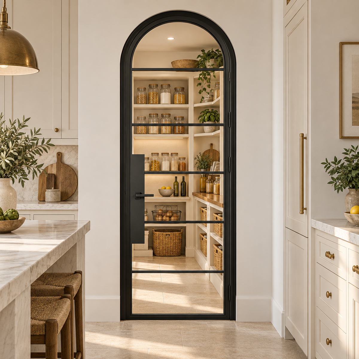 6 Lite Steel Pantry Round Top French Door leading into a cream pantry from a limestone kitchen — product visualization