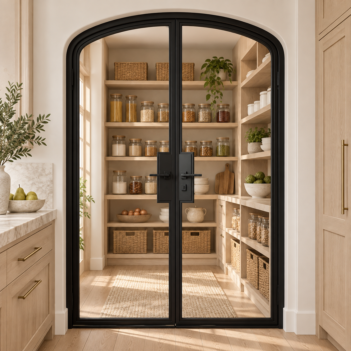 Full Lite Steel Pantry Arched Top French Double Door leading into an oak pantry from an ivory kitchen — product visualization