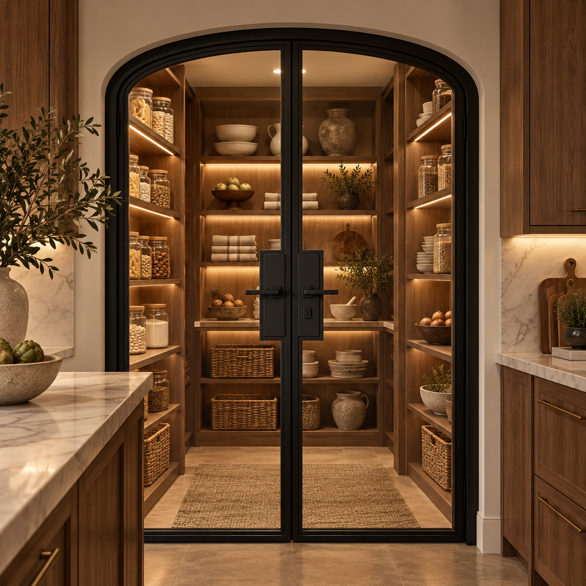 Full Lite Steel Pantry Arched Top French Double Door leading into an illuminated walnut pantry — product visualization