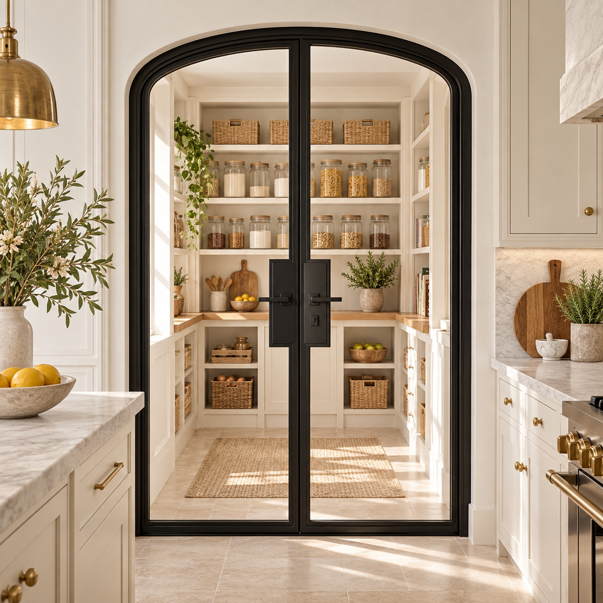 Full Lite Steel Pantry Arched Top French Double Door leading into a cream pantry from a limestone kitchen — product visualization