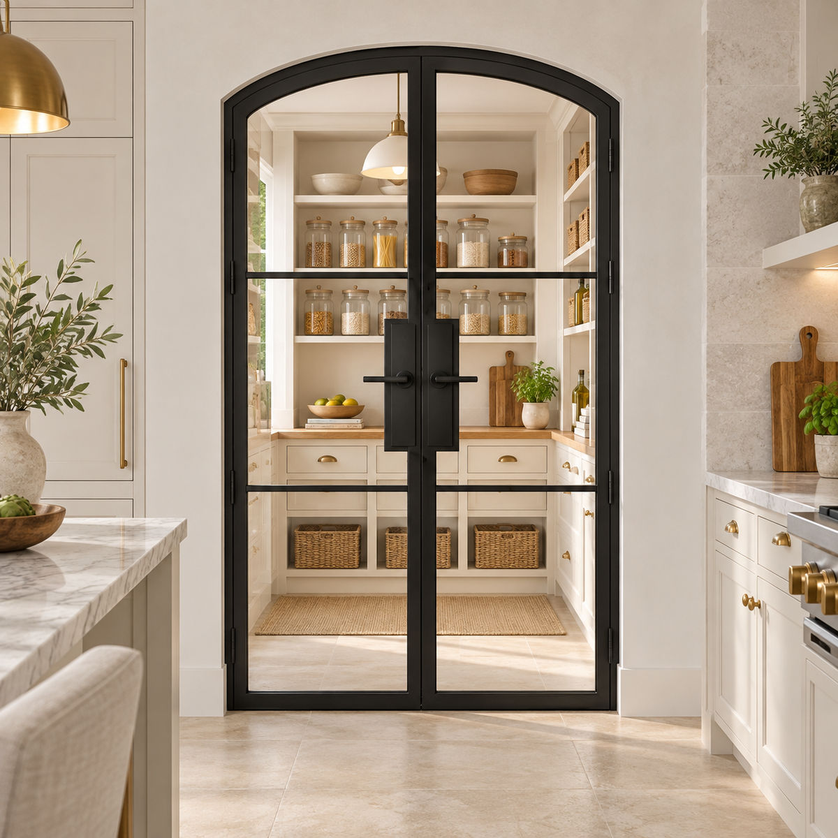 3 Lite Steel Pantry Arched Top French Double Door leading into a cream pantry from a limestone kitchen — product visualization