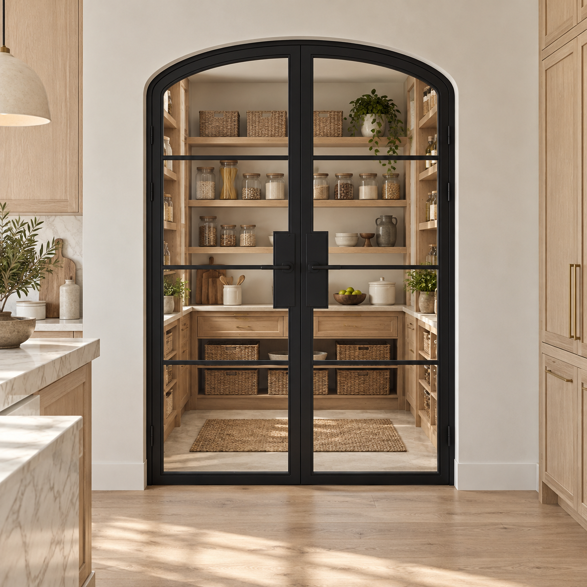 4 Lite Steel Pantry Arched Top French Double Door leading into an oak pantry from an ivory kitchen — product visualization