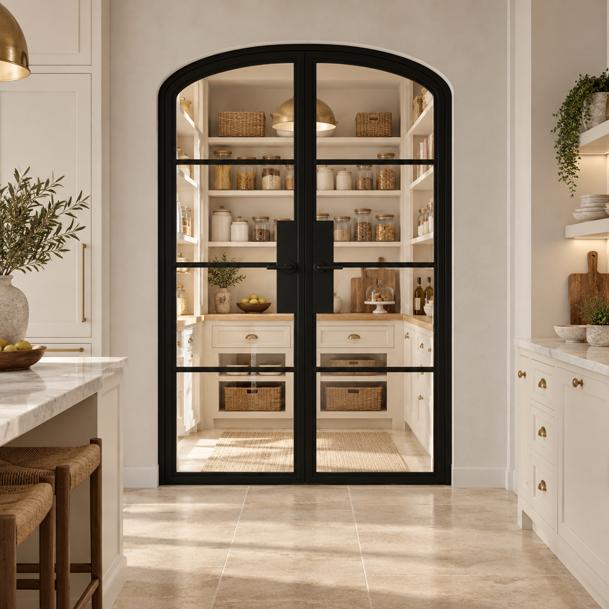 4 Lite Steel Pantry Arched Top French Double Door leading into a cream pantry from a limestone kitchen — product visualization