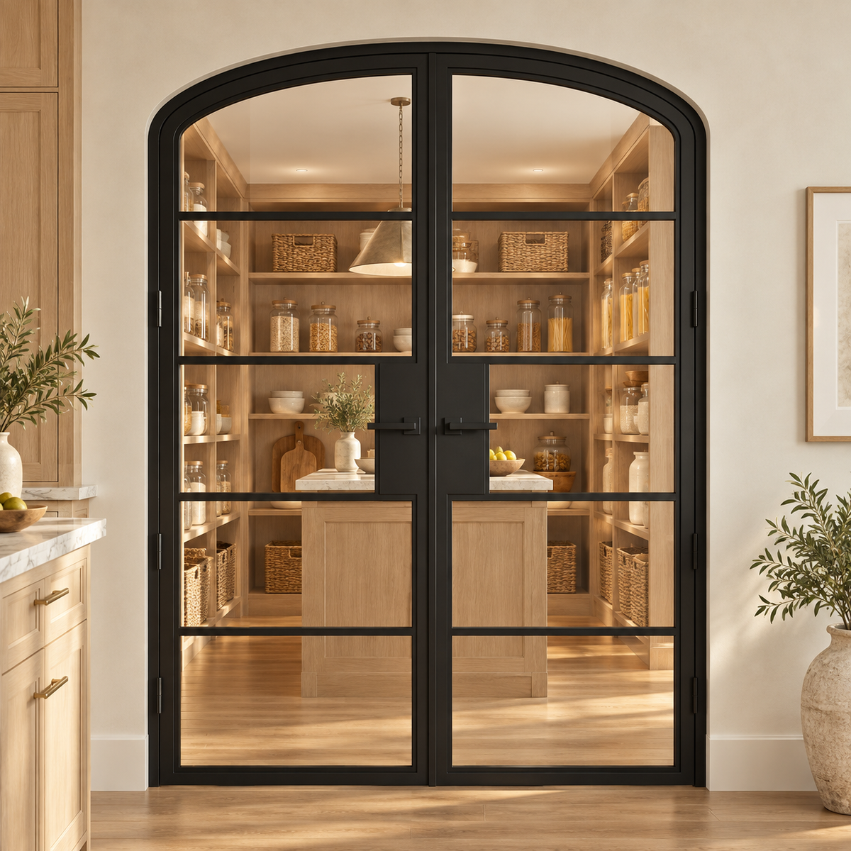 5 Lite Steel Pantry Arched Top French Double Door leading into an oak pantry from an ivory kitchen — product visualization