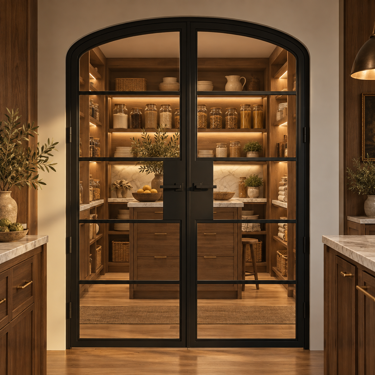 5 Lite Steel Pantry Arched Top French Double Door leading into an illuminated walnut pantry — product visualization