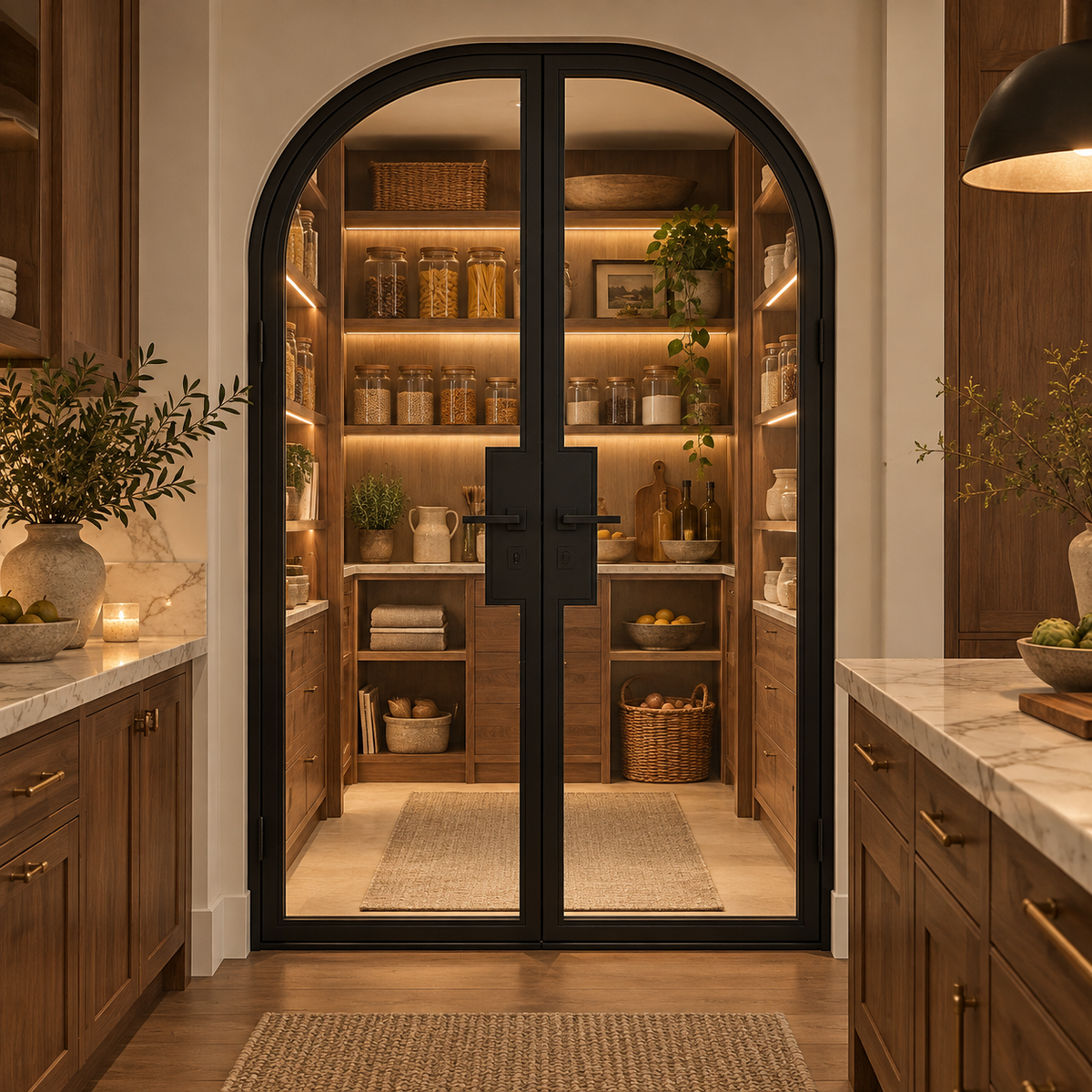Full Lite Steel Pantry Round Top French Double Door leading into an illuminated walnut pantry — product visualization