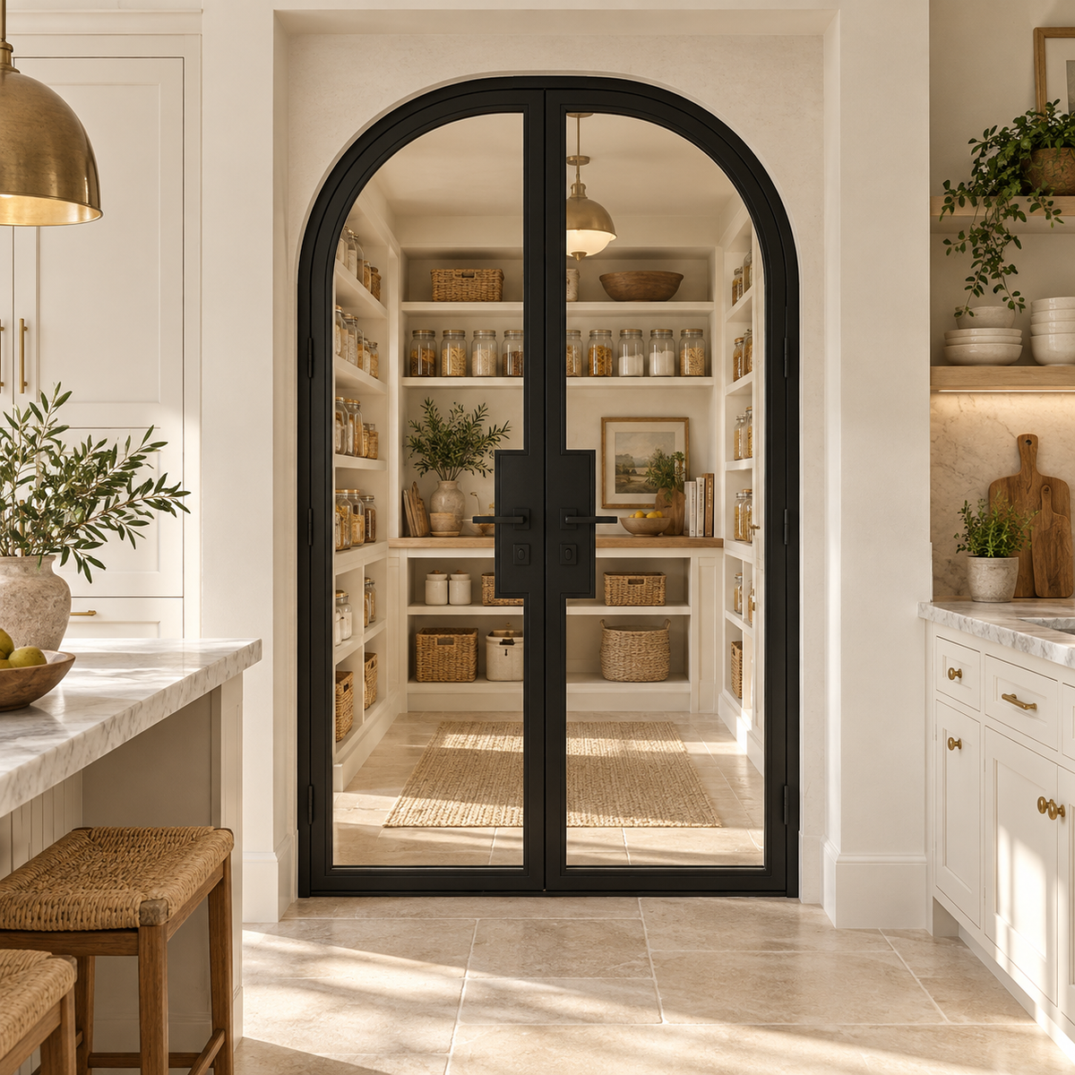 Full Lite Steel Pantry Round Top French Double Door leading into a cream pantry from a limestone kitchen — product visualization