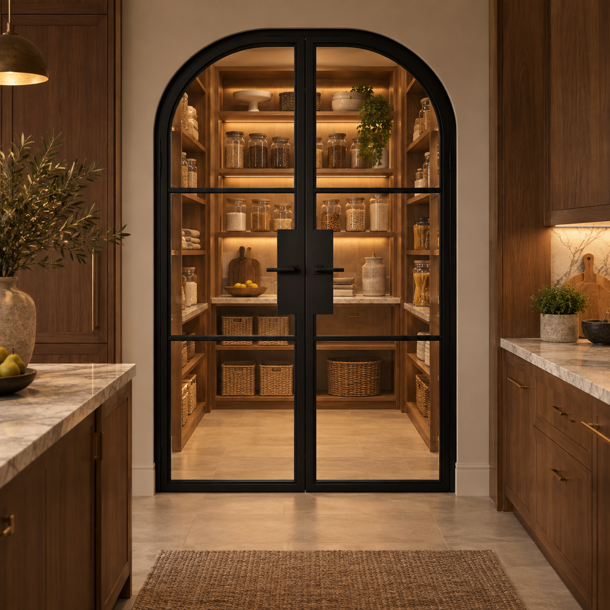 3 Lite Steel Pantry Round Top French Double Door leading into an illuminated walnut pantry — product visualization
