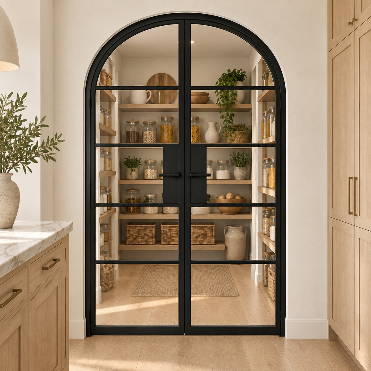 5 Lite Steel Pantry Round Top French Double Door leading into an oak pantry from an ivory kitchen — product visualization