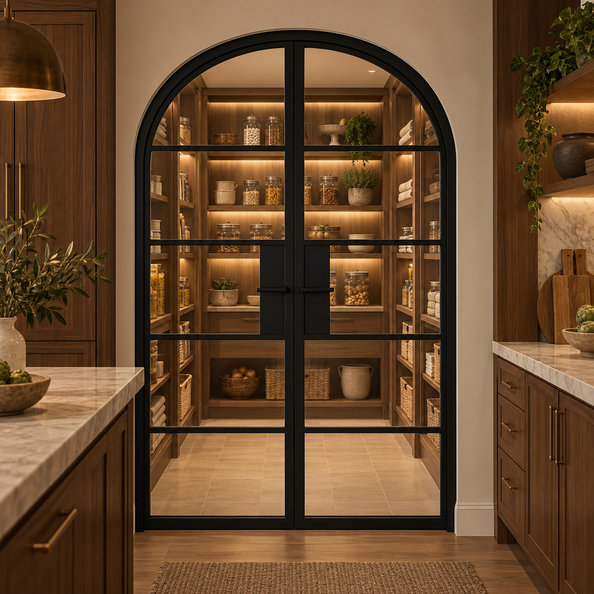 5 Lite Steel Pantry Round Top French Double Door leading into an illuminated walnut pantry — product visualization