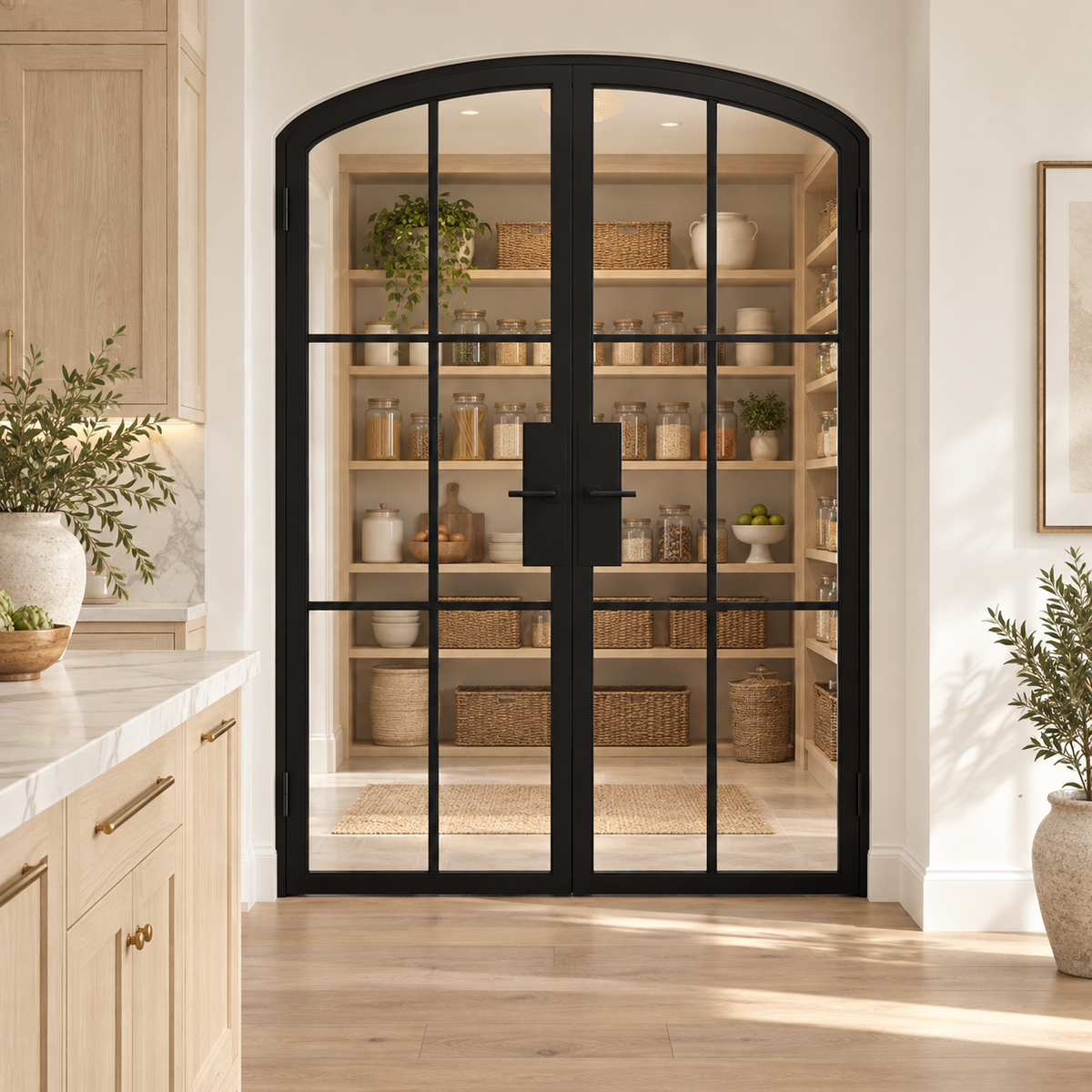 6 Lite Steel Pantry Arched Top French Double Door leading into an oak pantry from an ivory kitchen — product visualization