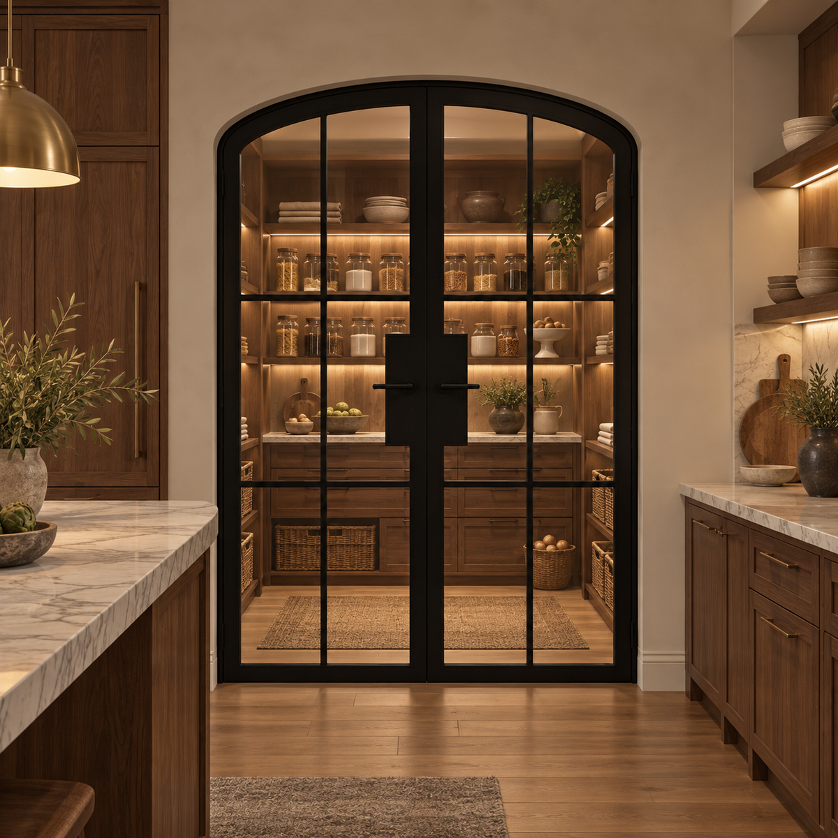 6 Lite Steel Pantry Arched Top French Double Door leading into an illuminated walnut pantry — product visualization