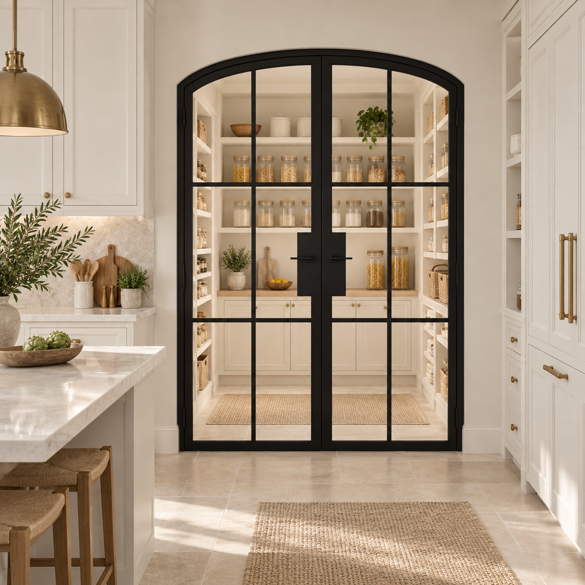 6 Lite Steel Pantry Arched Top French Double Door leading into a cream pantry from a limestone kitchen — product visualization
