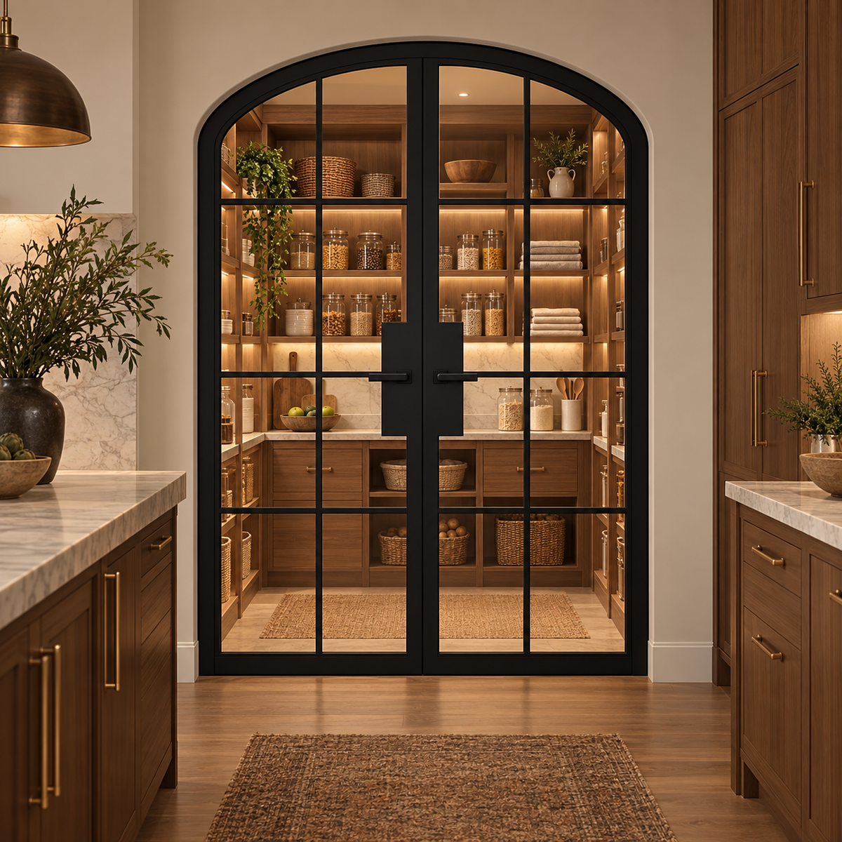 8 Lite Steel Pantry Arched Top French Double Door leading into an illuminated walnut pantry — product visualization