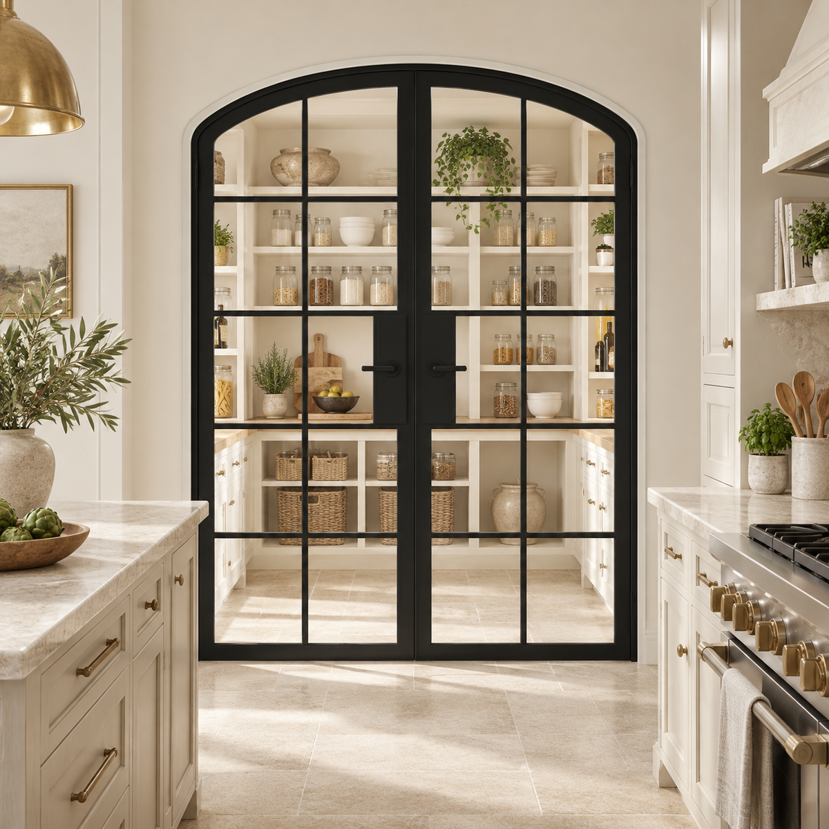 10 Lite Steel Pantry Arched Top French Double Door leading into a cream pantry from a limestone kitchen — product visualization