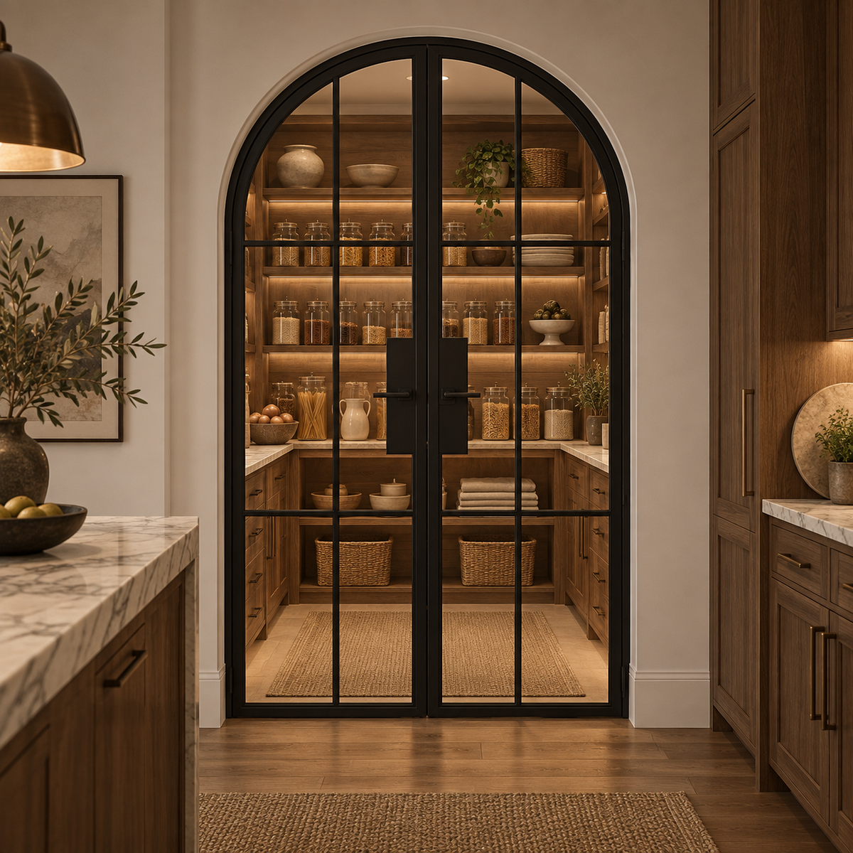 6 Lite Steel Pantry Round Top French Double Door leading into an illuminated walnut pantry — product visualization