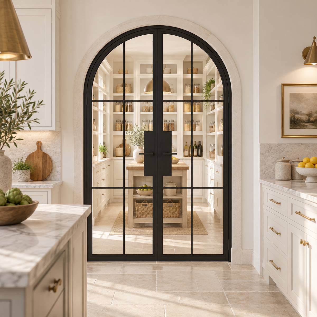 6 Lite Steel Pantry Round Top French Double Door leading into a cream pantry from a limestone kitchen — product visualization