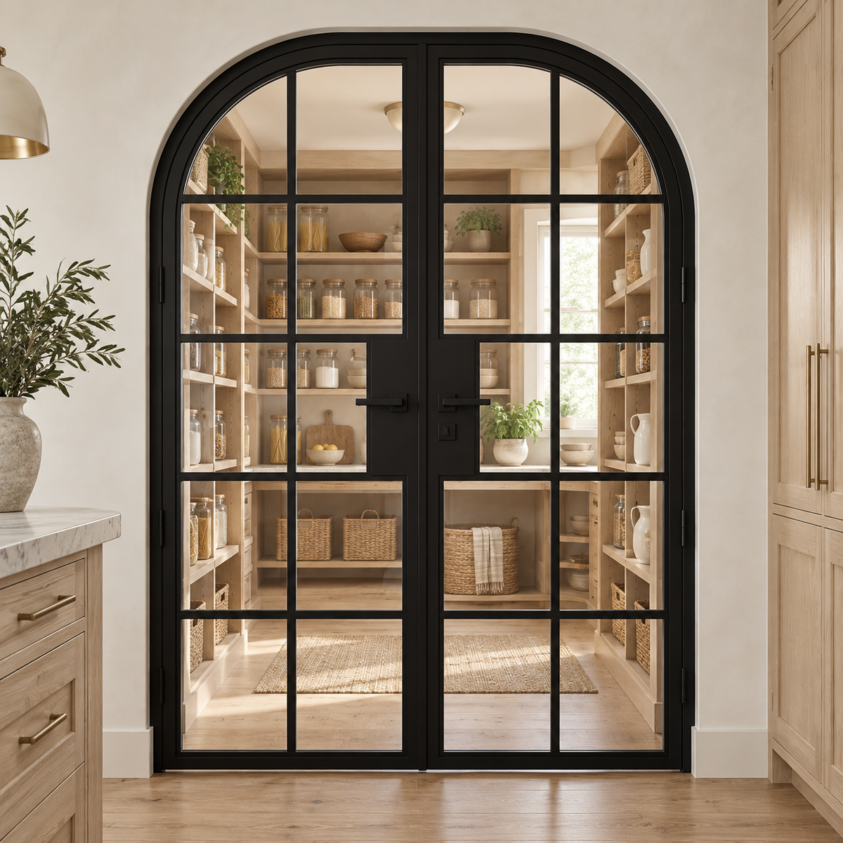 10 Lite Steel Pantry Round Top French Double Door leading into an oak pantry from an ivory kitchen — product visualization