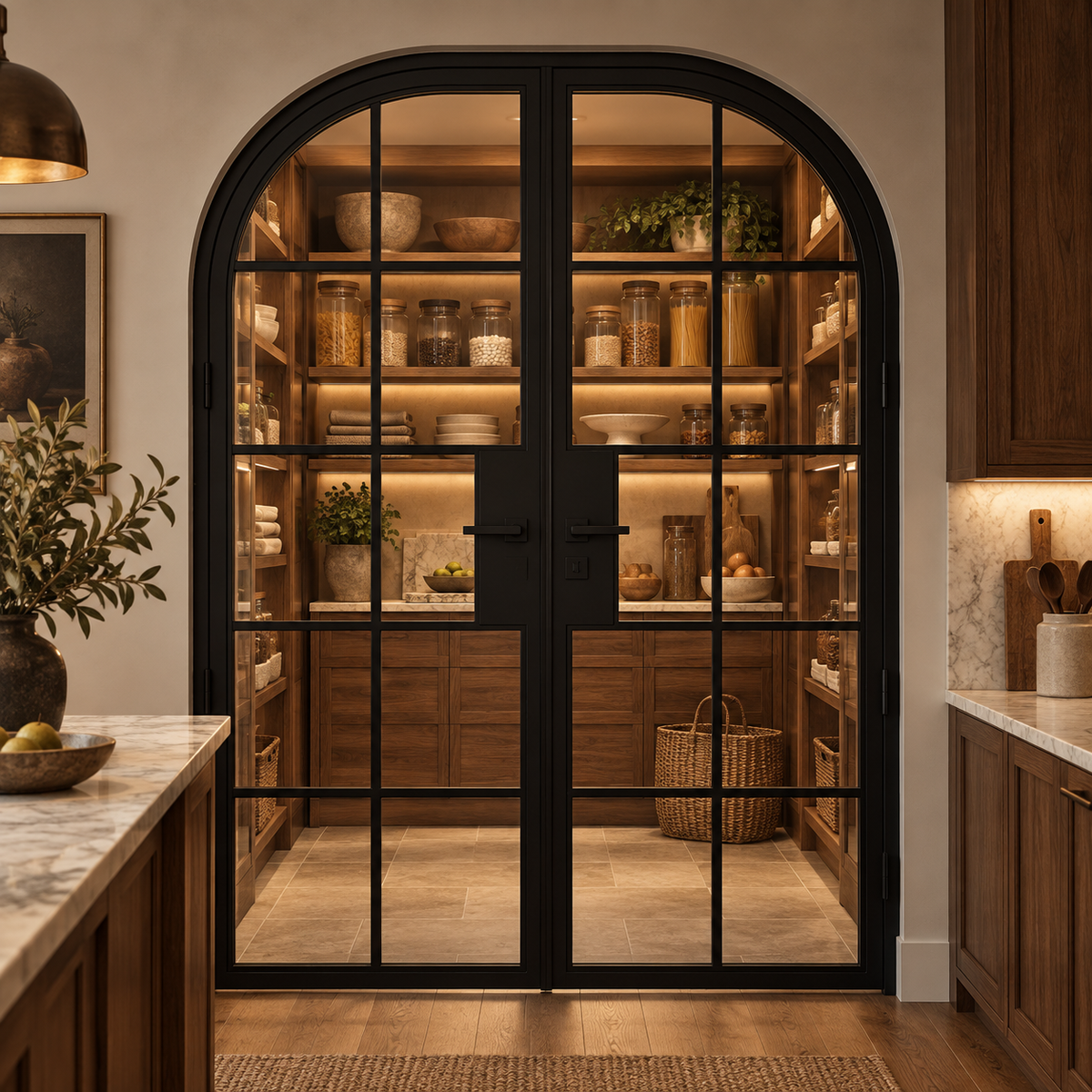 10 Lite Steel Pantry Round Top French Double Door leading into an illuminated walnut pantry — product visualization