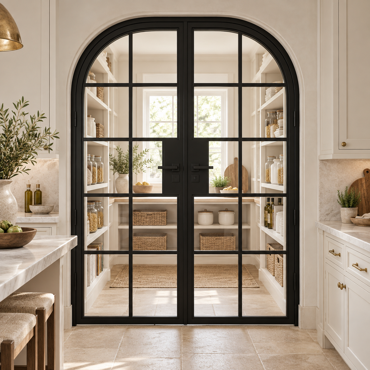 10 Lite Steel Pantry Round Top French Double Door leading into a cream pantry from a limestone kitchen — product visualization