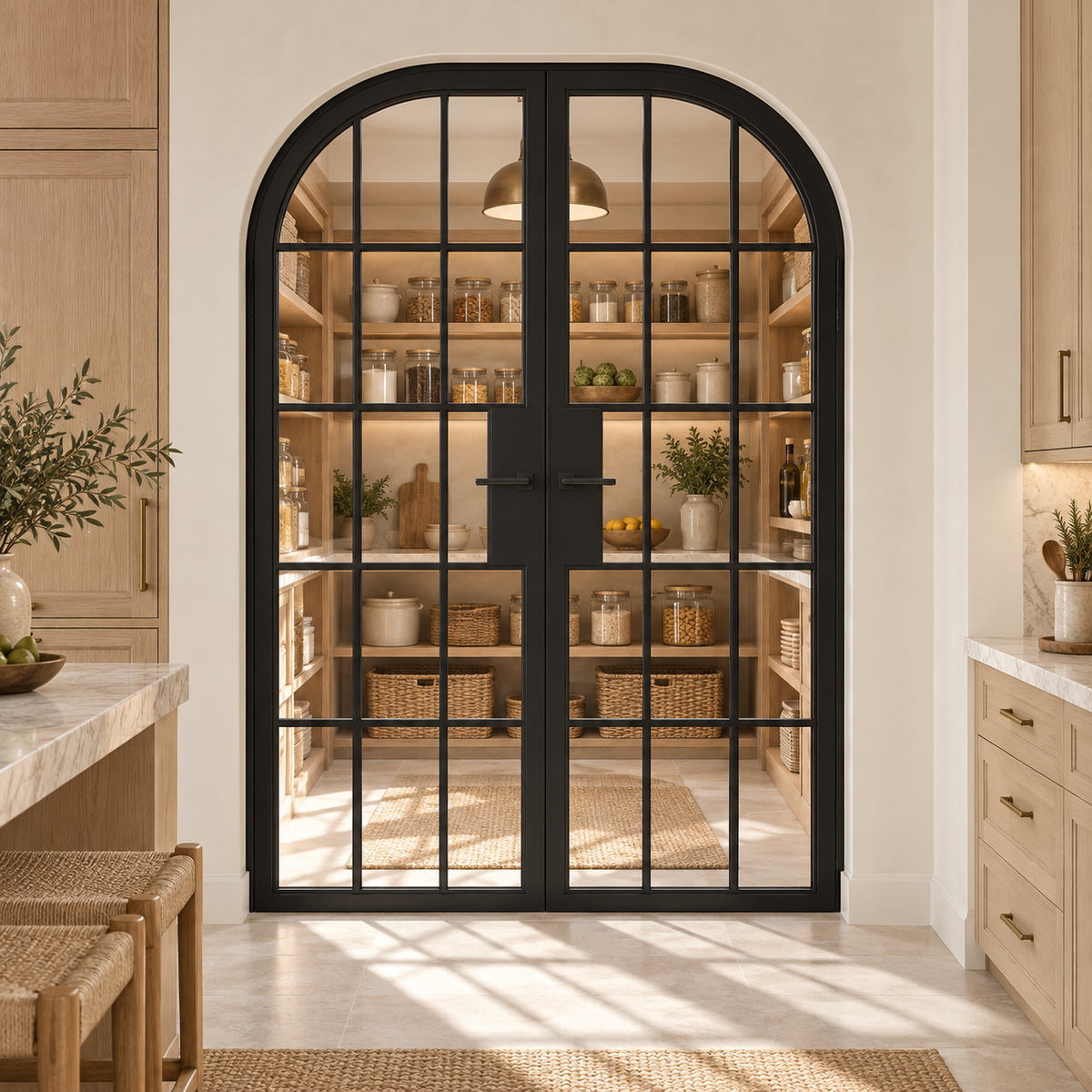 15 Lite Steel Pantry Round Top French Double Door leading into an oak pantry from an ivory kitchen — product visualization