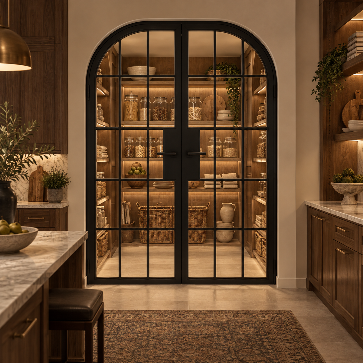 15 Lite Steel Pantry Round Top French Double Door leading into an illuminated walnut pantry — product visualization