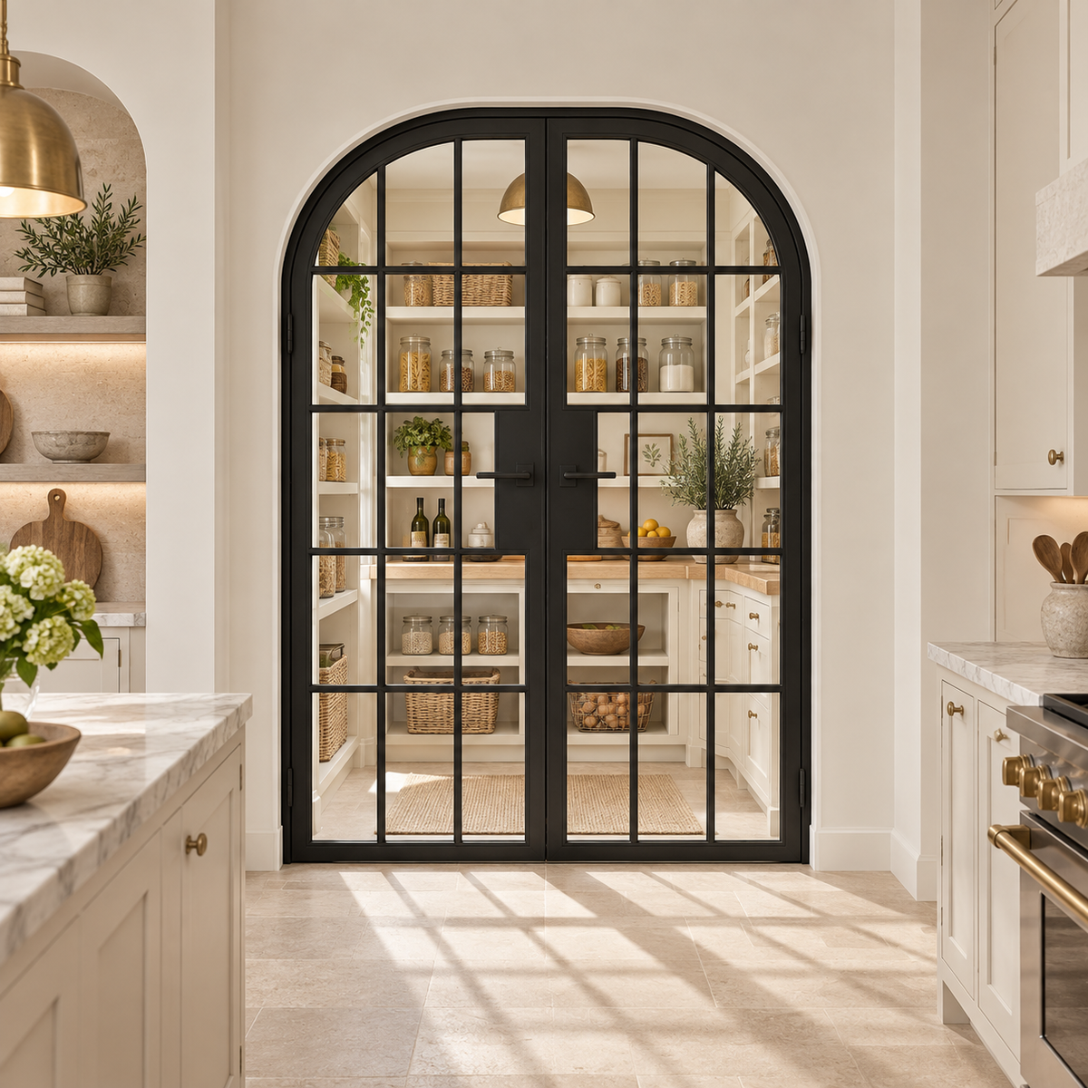 15 Lite Steel Pantry Round Top French Double Door leading into a cream pantry from a limestone kitchen — product visualization