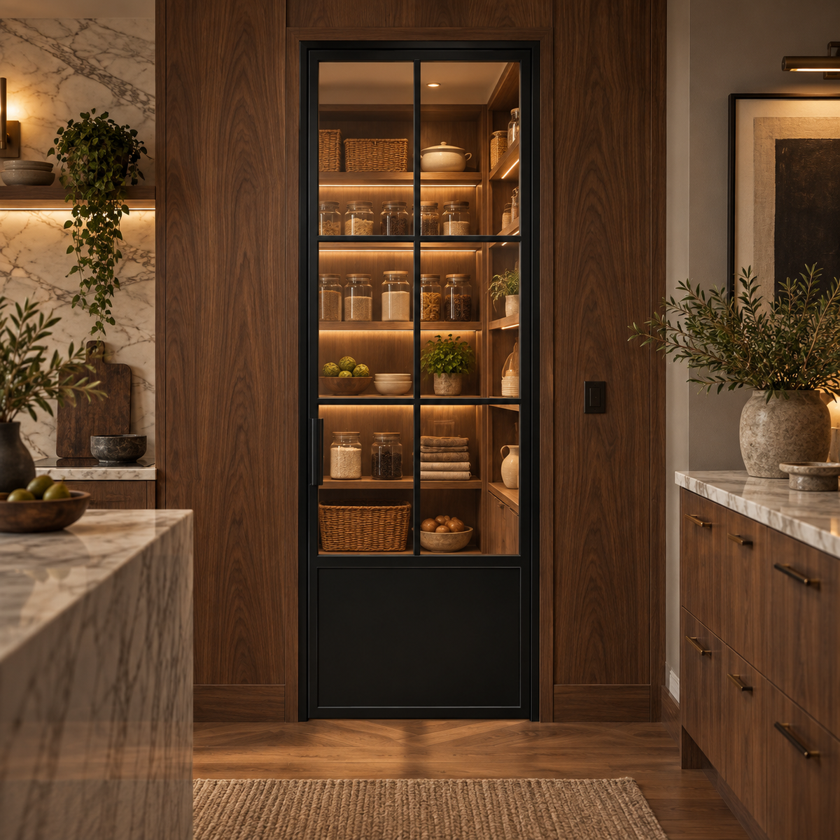 6-Lite Single Steel Pantry Door with Kickplate leading into a walnut pantry from a marble-trimmed kitchen — product visualization