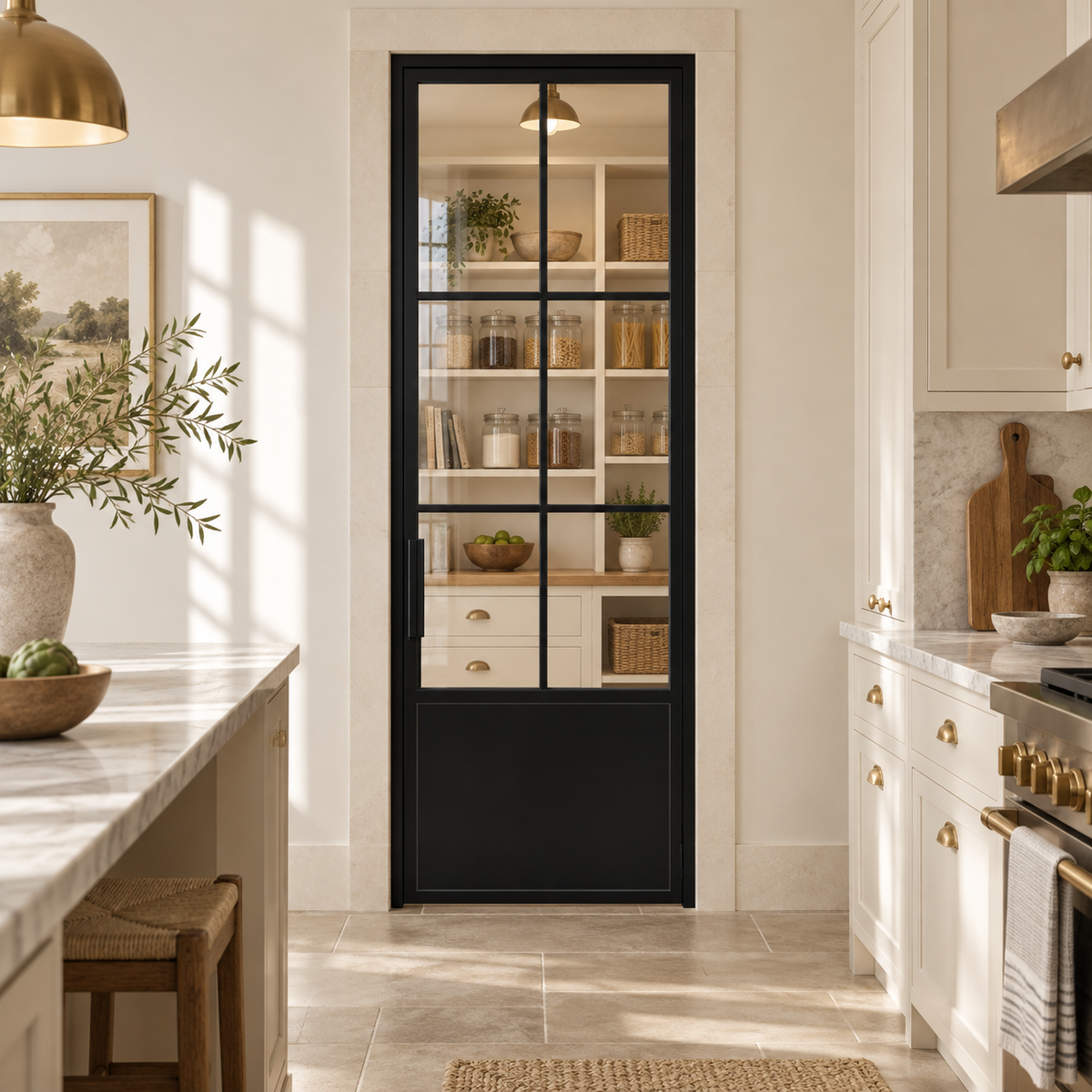 6-Lite Single Steel Pantry Door with Kickplate leading into a cream pantry from a limestone kitchen — product visualization
