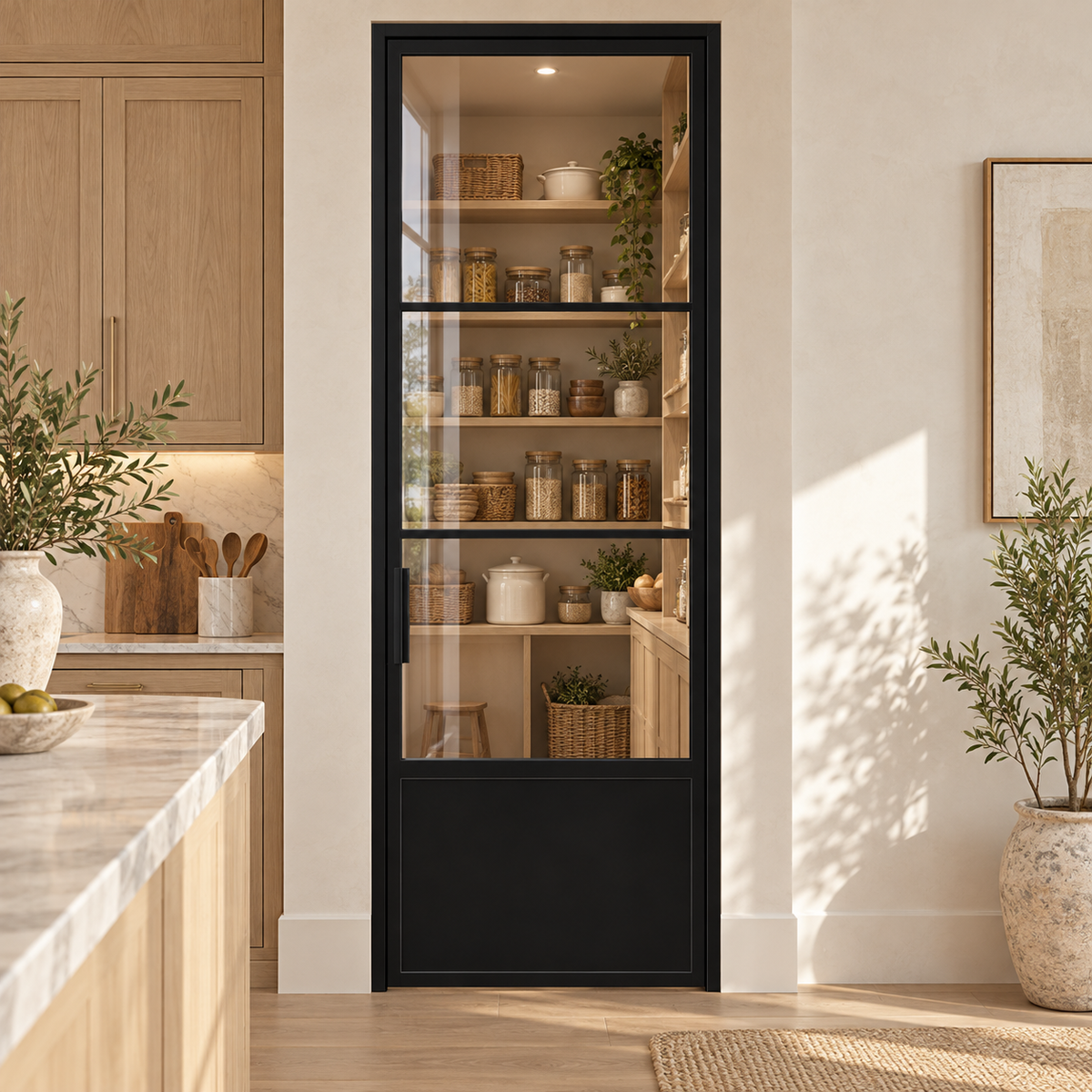 3-Lite Single Steel Pantry Door with Kickplate leading into an oak-shelved pantry from an ivory kitchen — product visualization