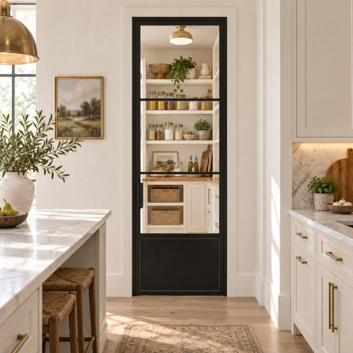 3-Lite Single Steel Pantry Door with Kickplate leading into a cream pantry from a limestone kitchen — product visualization