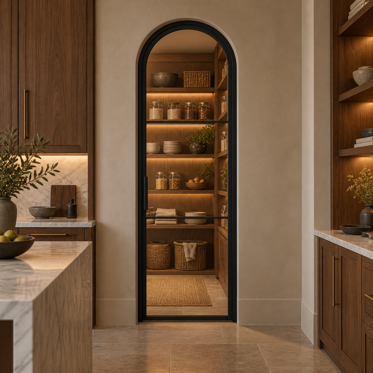 3-Lite Full-Arch Single Steel Pantry Door leading into an illuminated walnut pantry — lifestyle visualization