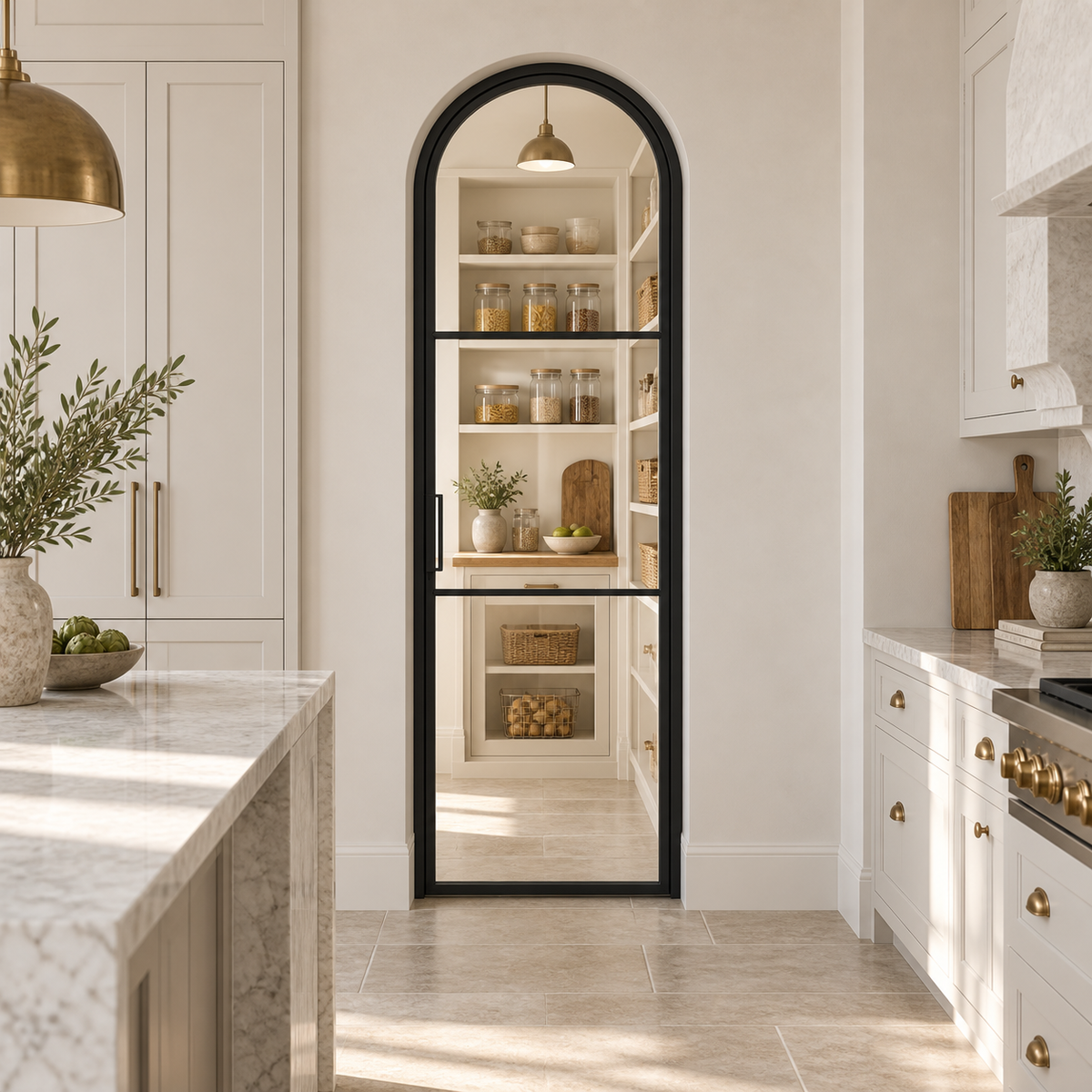 3-Lite Full-Arch Single Steel Pantry Door leading into a cream-shelved pantry from a limestone kitchen — lifestyle visualization