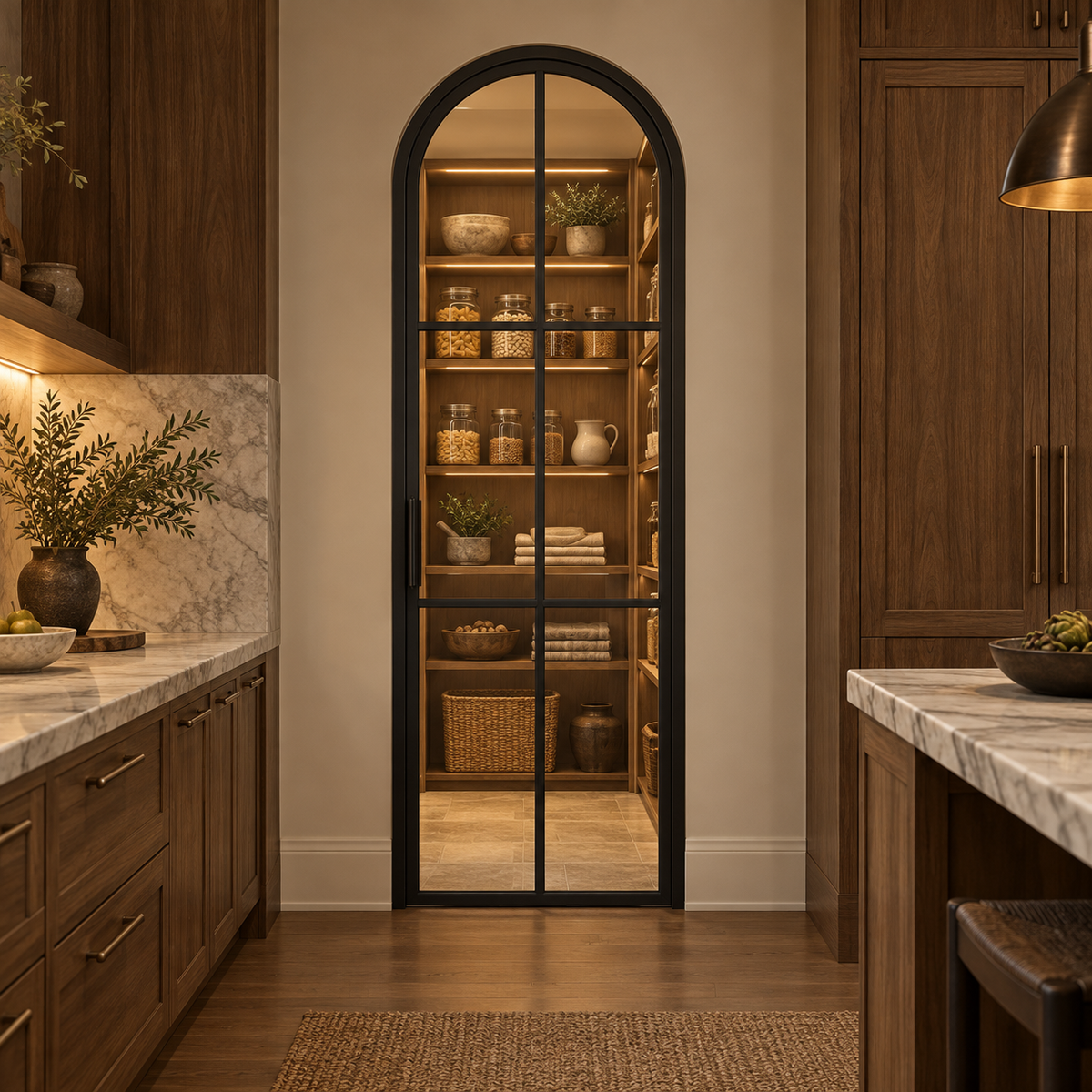 6-Lite Full-Arch Single Steel Pantry Door leading into an illuminated walnut pantry — lifestyle visualization