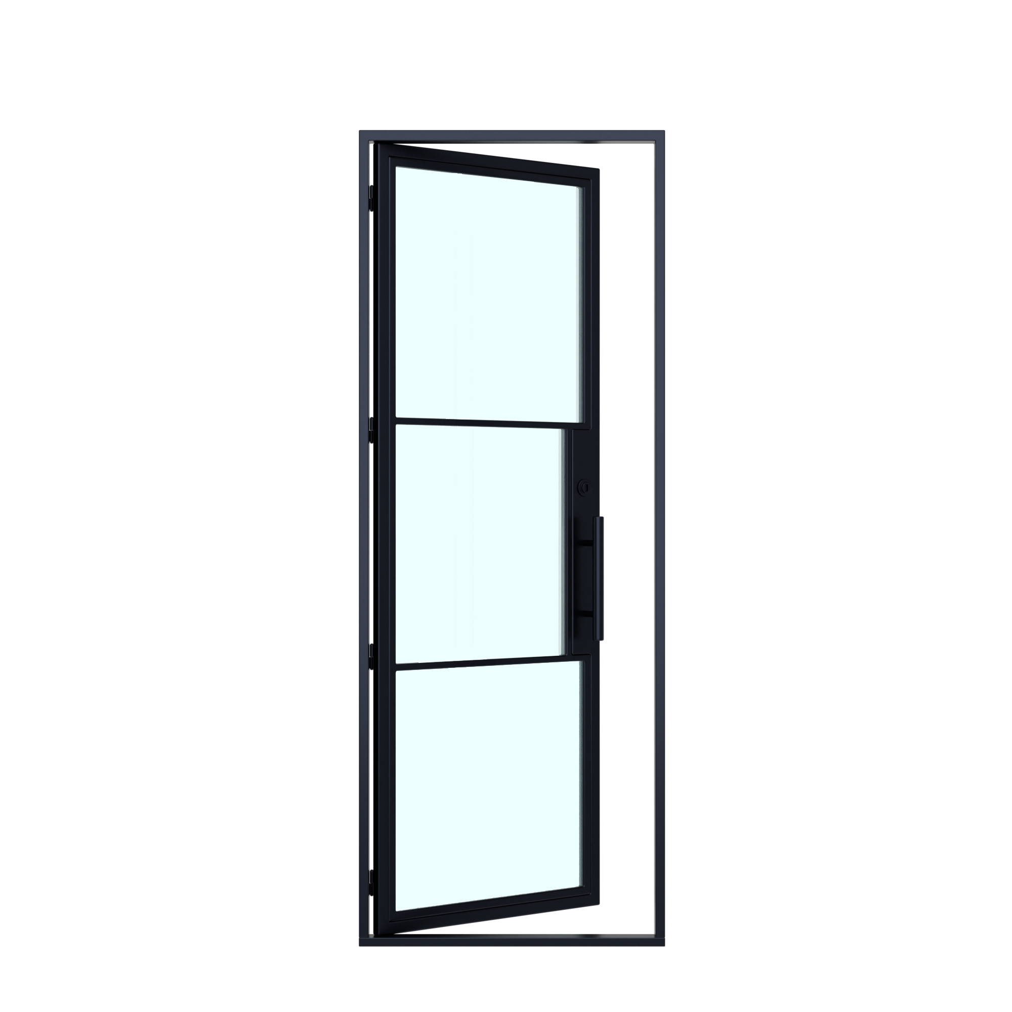 Glass door with black frame on a white background