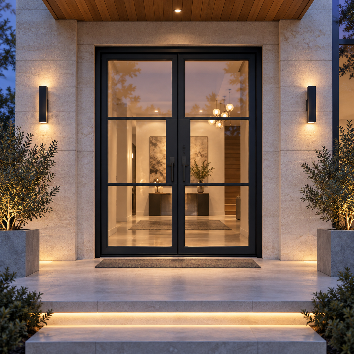 Lite 3 Double thermally broken black steel door in a luxury evening entryway — lifestyle visualization