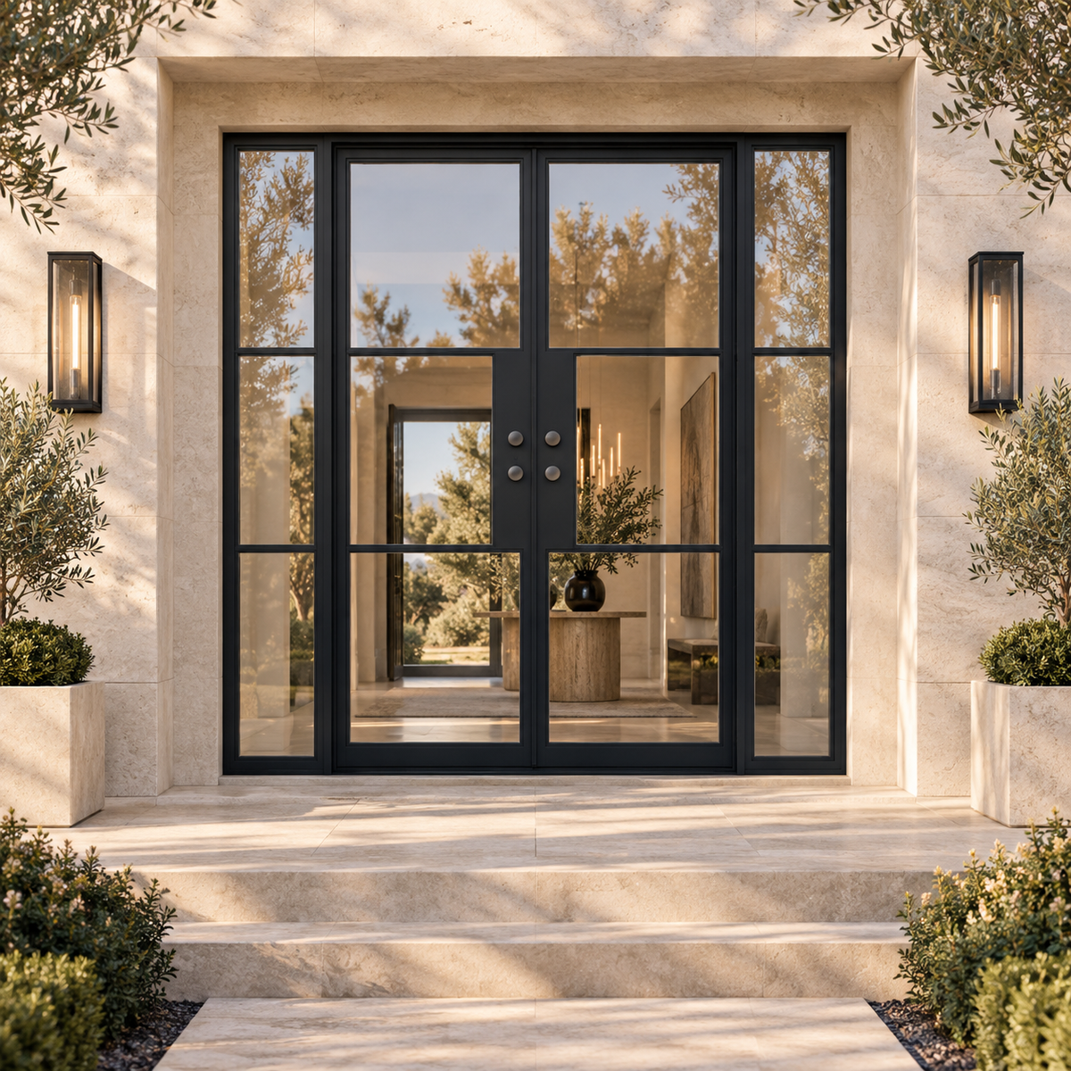 Lite 3 Double + Sidelights thermally broken black steel door in a luxury limestone exterior — lifestyle visualization