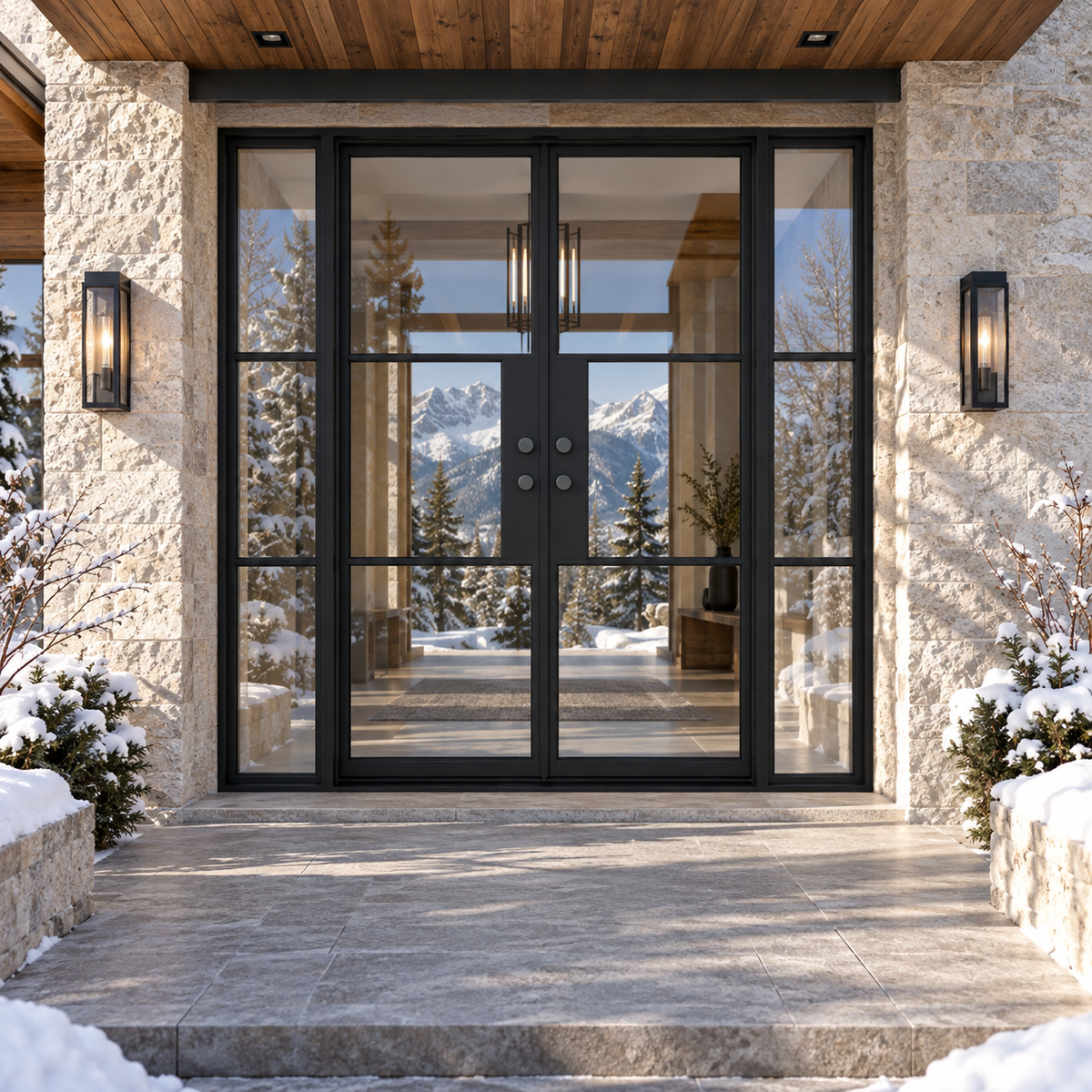 Lite 3 Double + Sidelights thermally broken black steel door in a luxury winter mountain home — lifestyle visualization