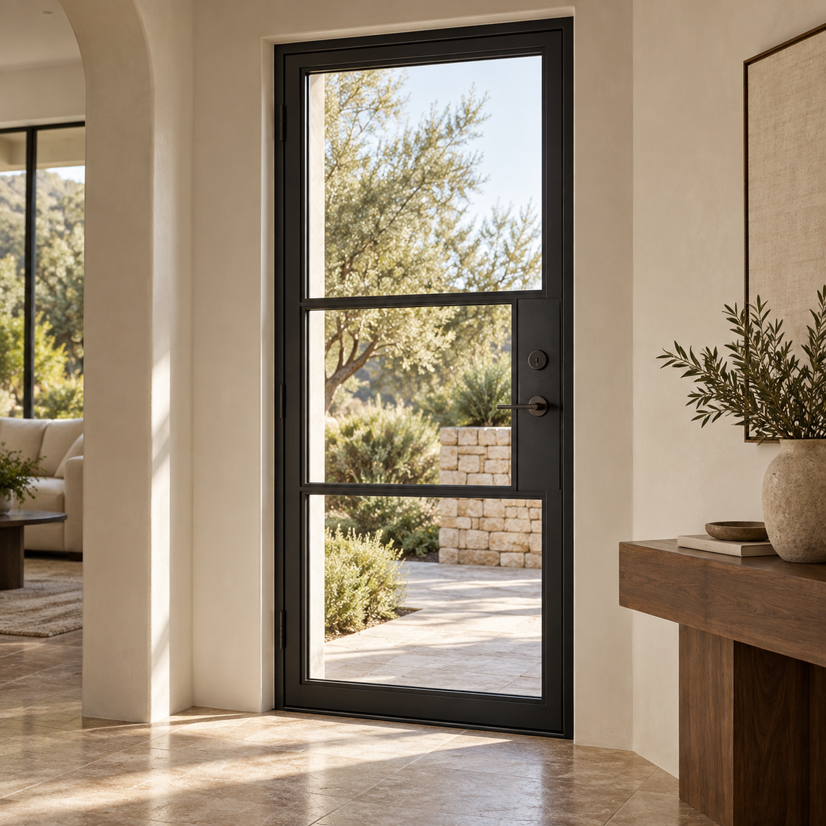 Custom Crafted 3-lite single thermally broken steel door in a travertine and walnut interior foyer — lifestyle visualization