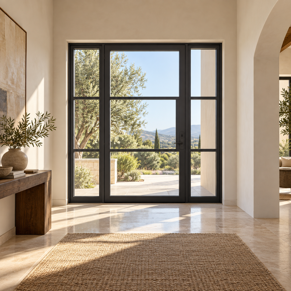 Lite 3 Single + Sidelights thermally broken black steel door in a luxury interior foyer — lifestyle visualization