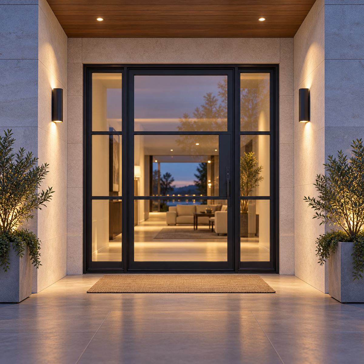 Lite 3 Single + Sidelights thermally broken black steel door in a luxury evening entryway — lifestyle visualization