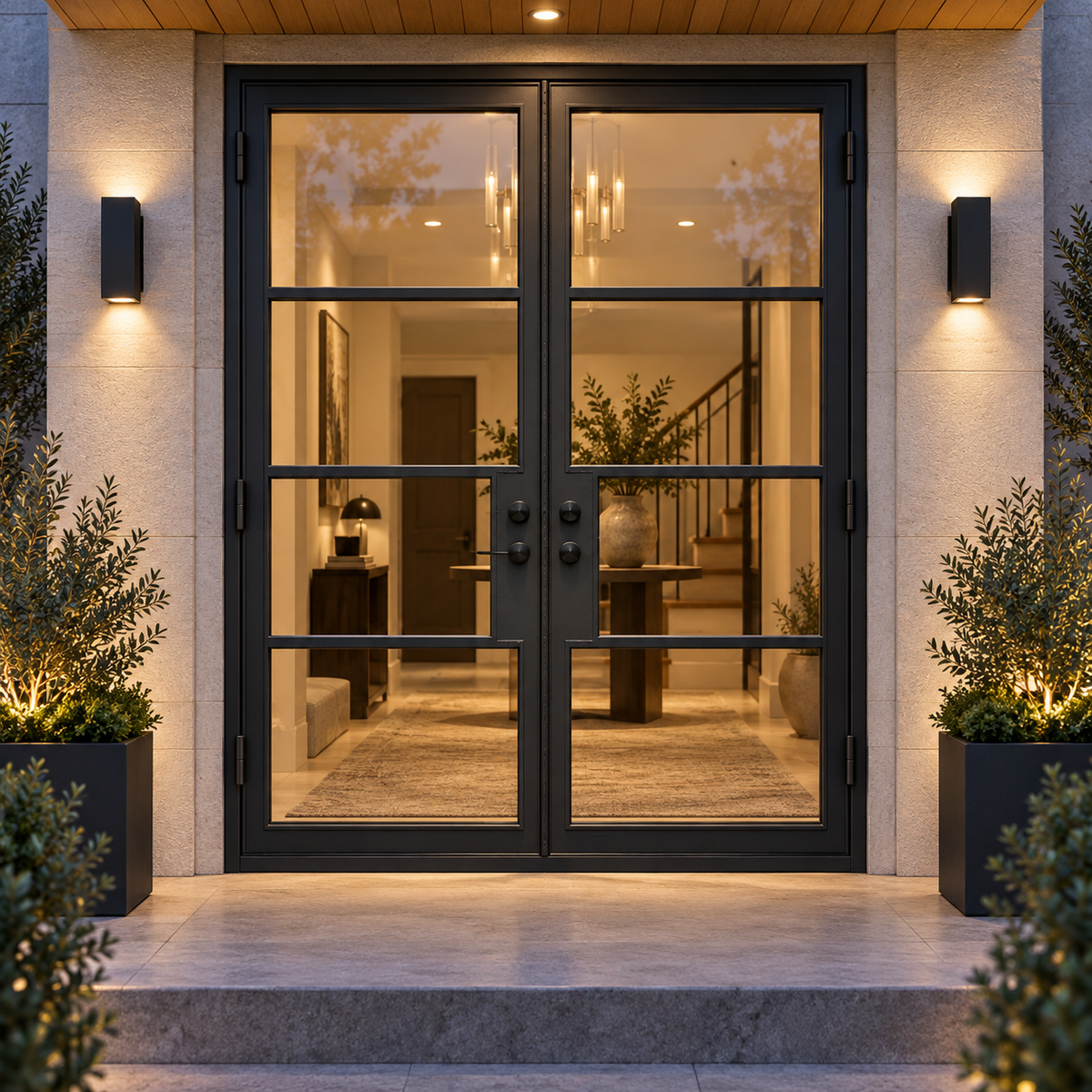 Lite 4 Double thermally broken black steel door in a luxury evening entryway — lifestyle visualization