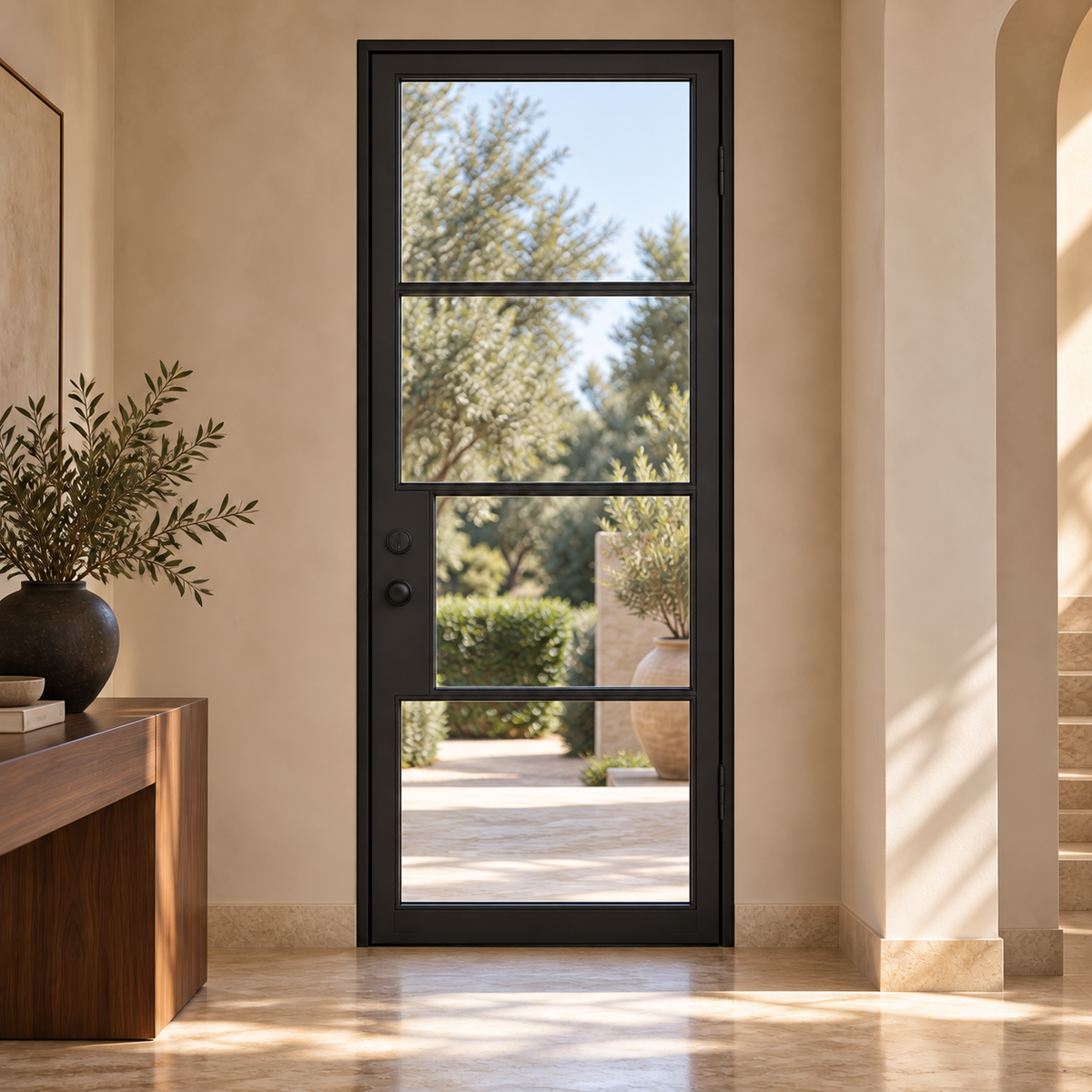 Lite 4 Single thermally broken black steel door in a luxury interior foyer — lifestyle visualization