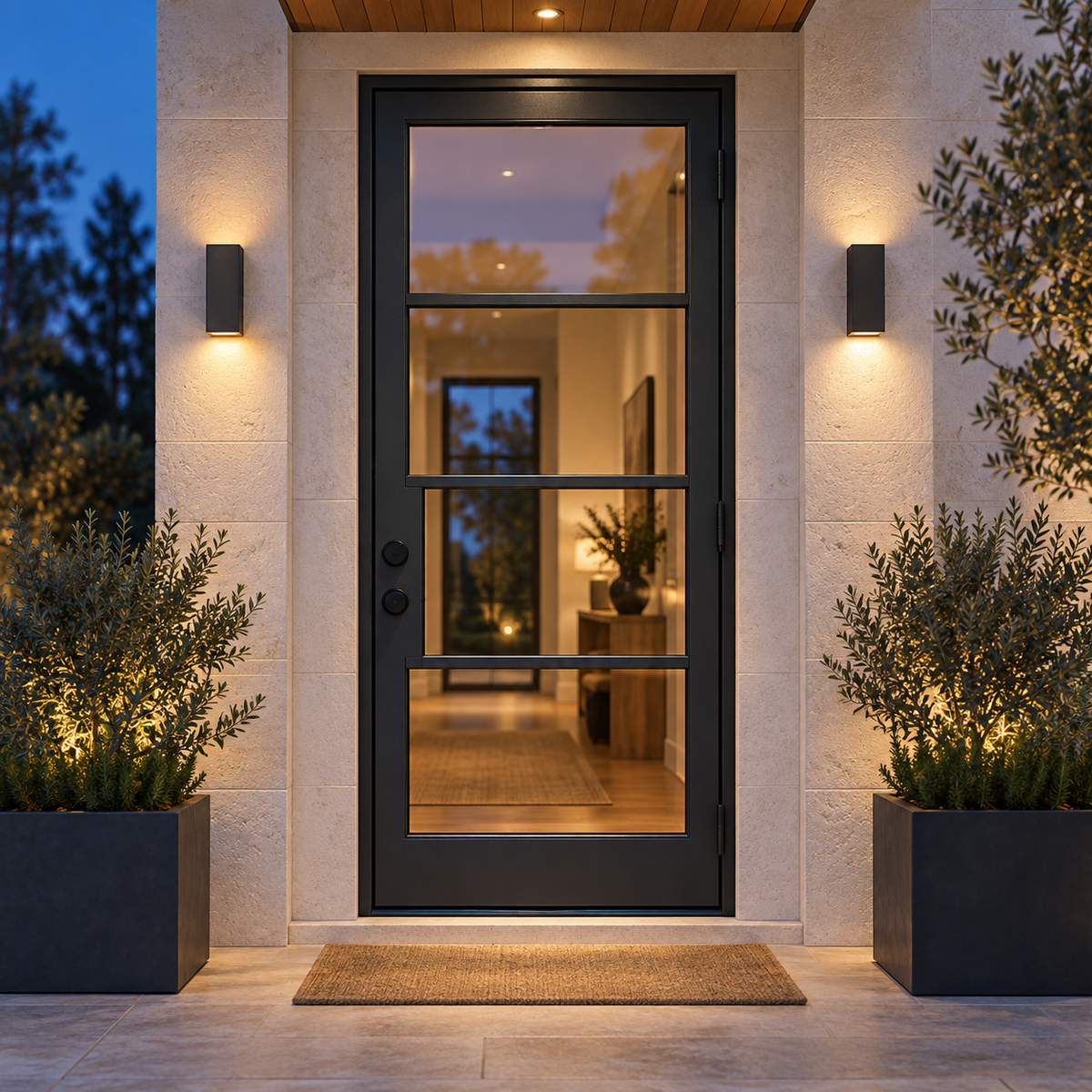 Lite 4 Single thermally broken black steel door in a luxury evening entryway — lifestyle visualization