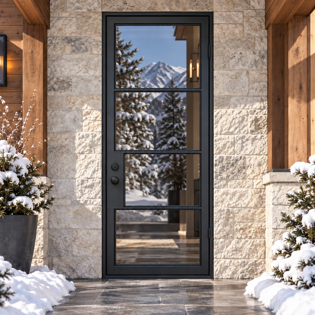 Lite 4 Single thermally broken black steel door in a luxury winter mountain home — lifestyle visualization